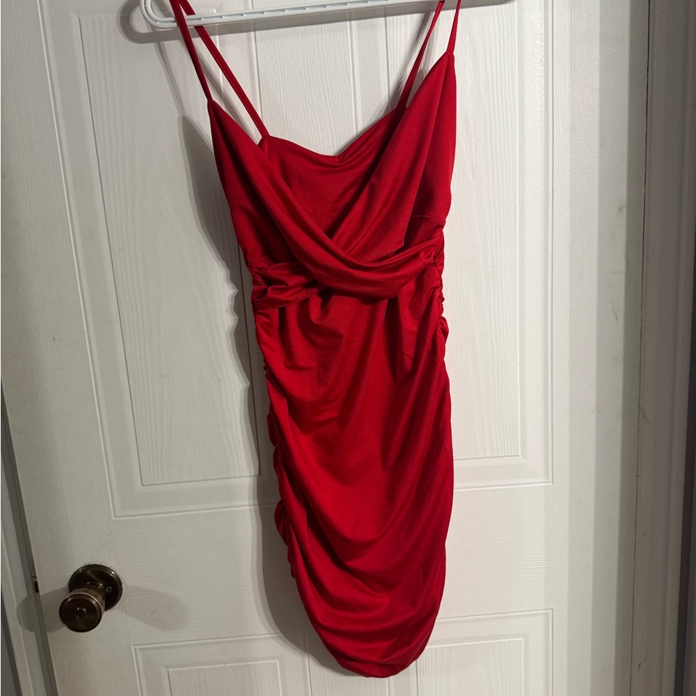 Red Ruched Wrap Mini Dress